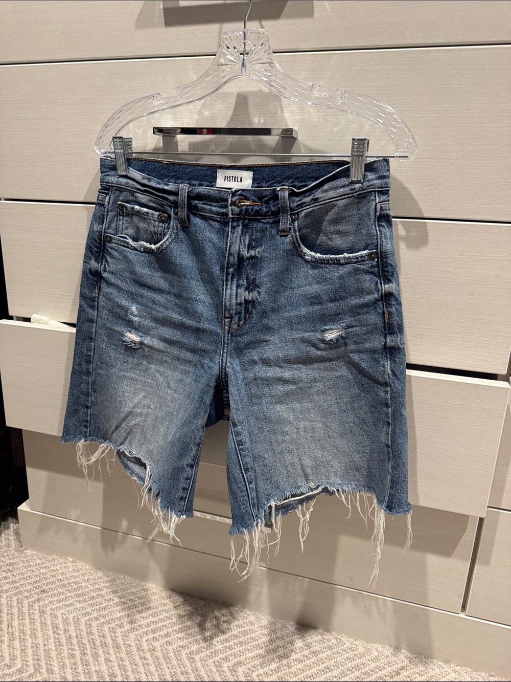 pistola Distressed Raw-Hem Denim Shorts in Blue Wash